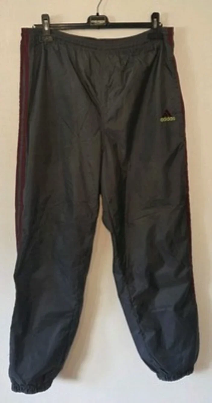 Vtg Y2K Adidas Track Pants Sz L Gray Stripes Nylon Lined Burgundy Yellow Logo